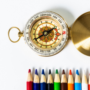 Education, SEN tuition, homeschooling, a compass with coloured pencils, resources, diverse range of tools 